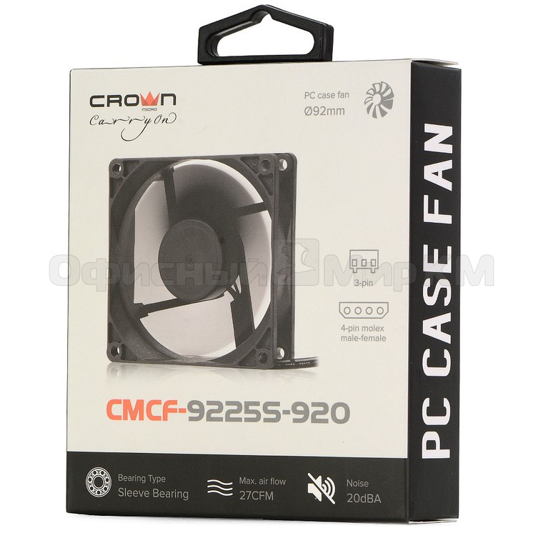 Вентилятор CROWN 92*92*25 1800об/мин 20дБ 3pin+MOLEX CMCF-9225S-920, черный